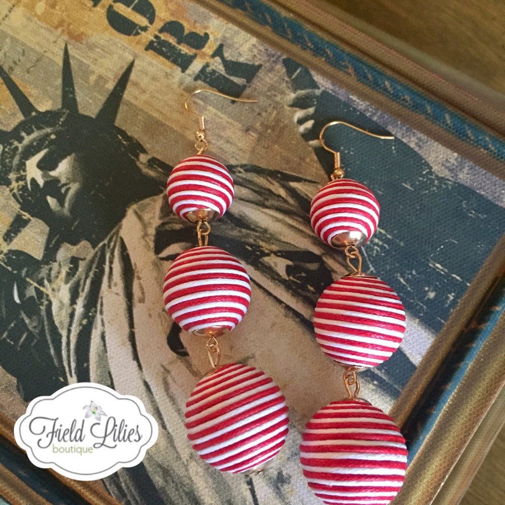 Red and White Striped Ball Drop Earrings
